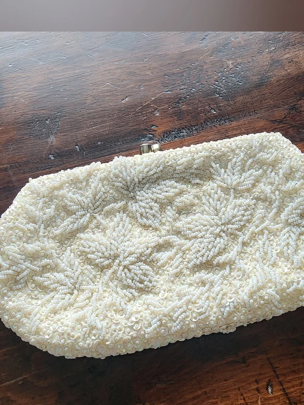 Vintage Evening Clutch Purse White Hand Beaded Hong Kong Wedding Prom DAMAGED
